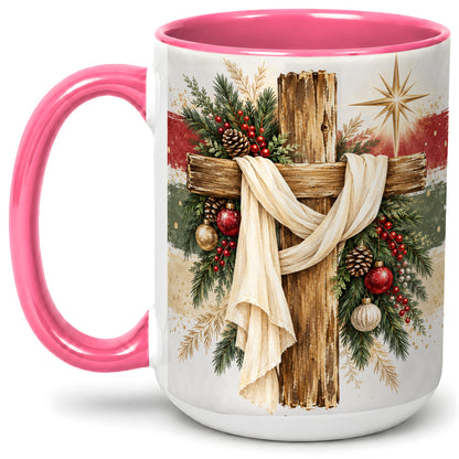 #pl[15oz|Pink] Christmas Cross Ceramic Mug, Rustic Christian Holiday Artwork