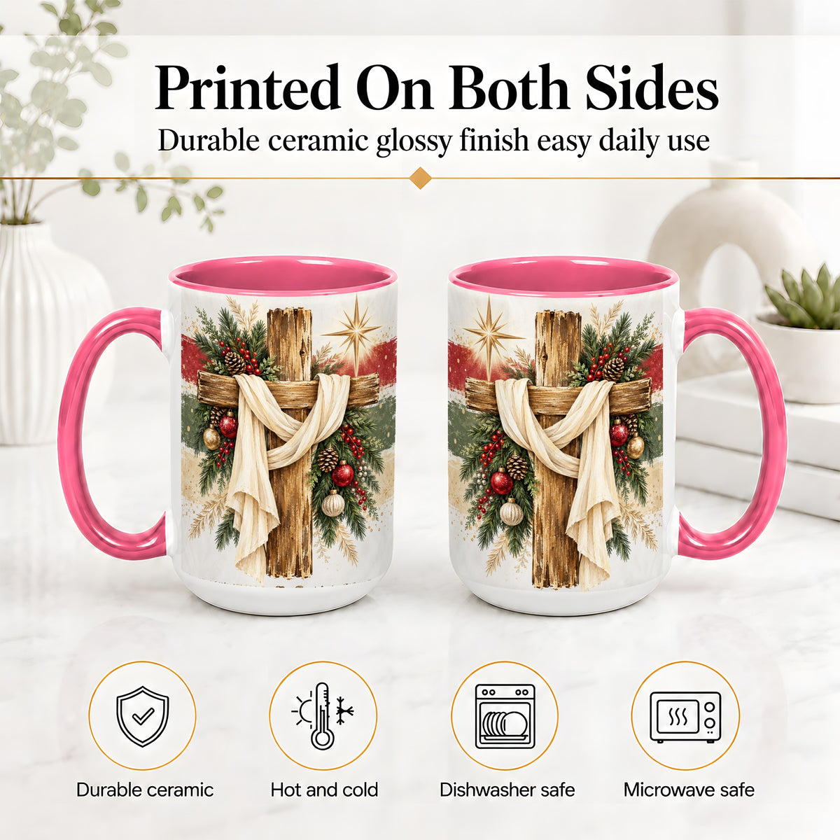 #pl[15oz|Pink] Christmas Cross Ceramic Mug, Rustic Christian Holiday Artwork