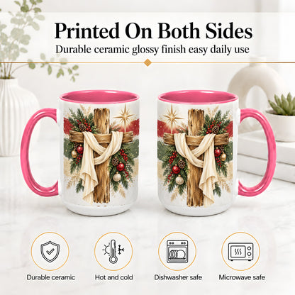 #pl[15oz|Pink] Christmas Cross Ceramic Mug, Rustic Christian Holiday Artwork