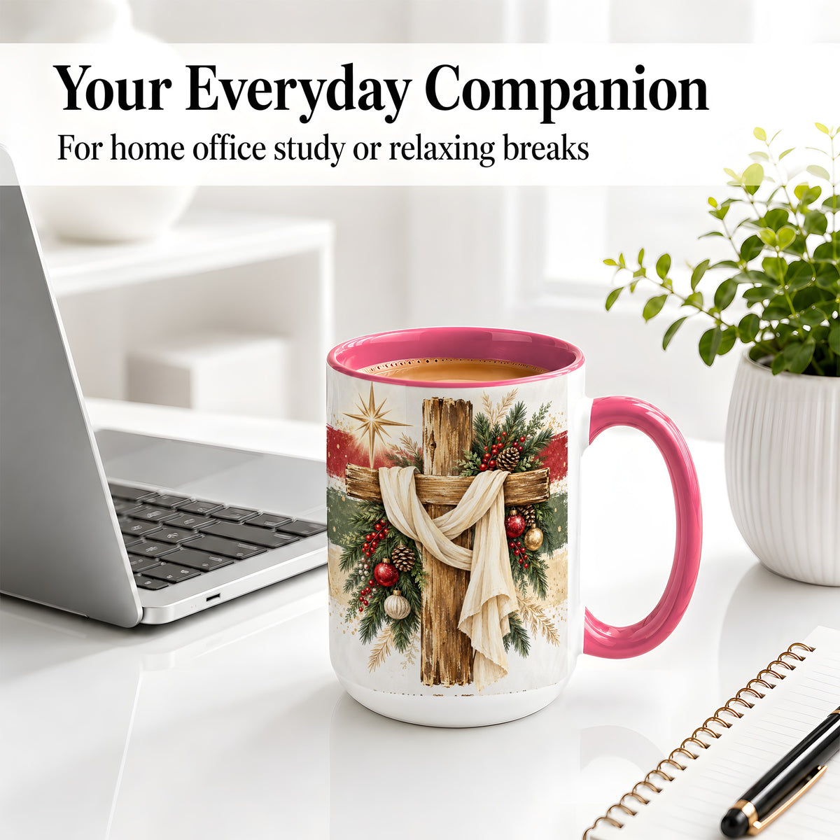 #pl[15oz|Pink] Christmas Cross Ceramic Mug, Rustic Christian Holiday Artwork