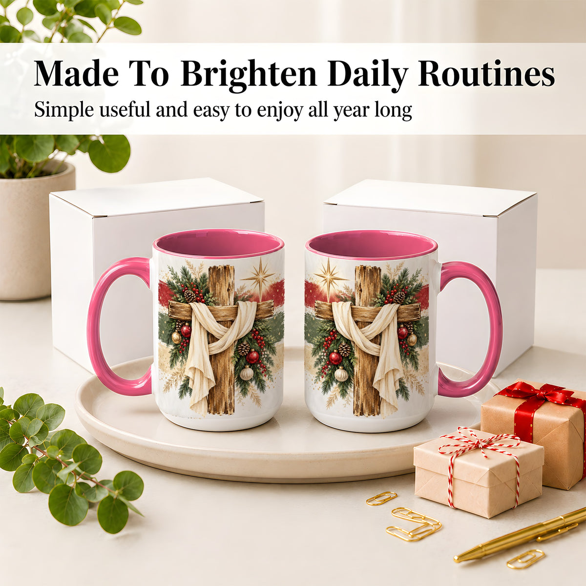 #pl[15oz|Pink] Christmas Cross Ceramic Mug, Rustic Christian Holiday Artwork