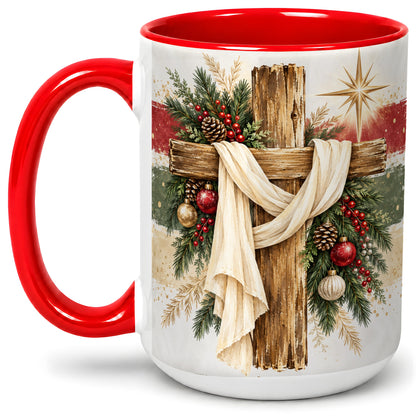 #pl[15oz|Red] Christmas Cross Ceramic Mug, Rustic Christian Holiday Artwork