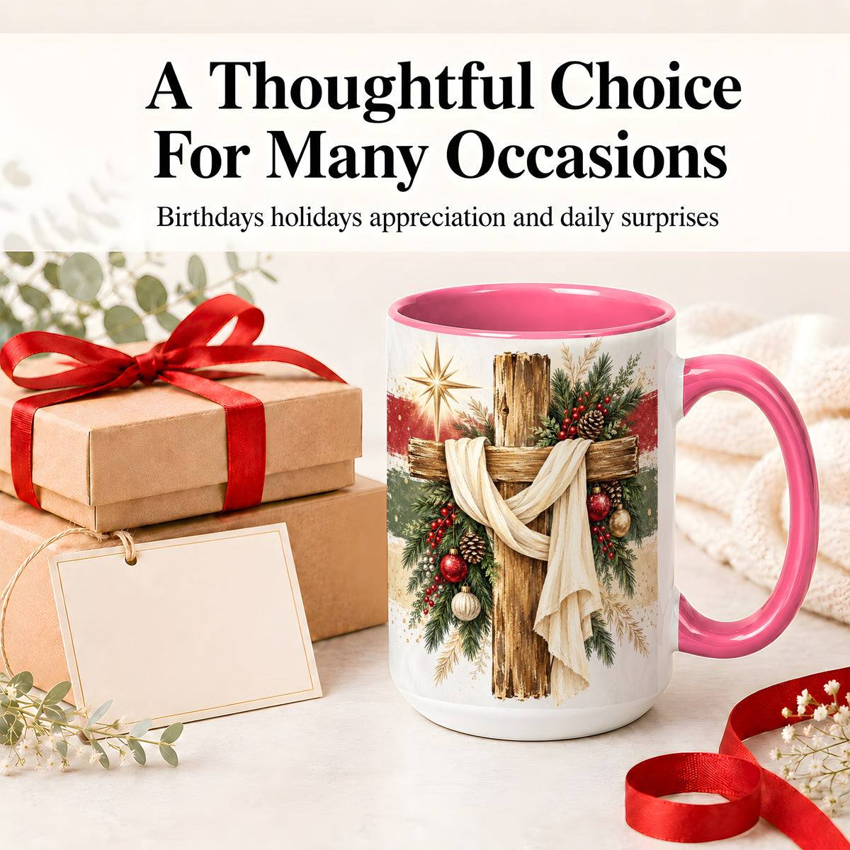 #pl[15oz|Pink] Christmas Cross Ceramic Mug, Rustic Christian Holiday Artwork
