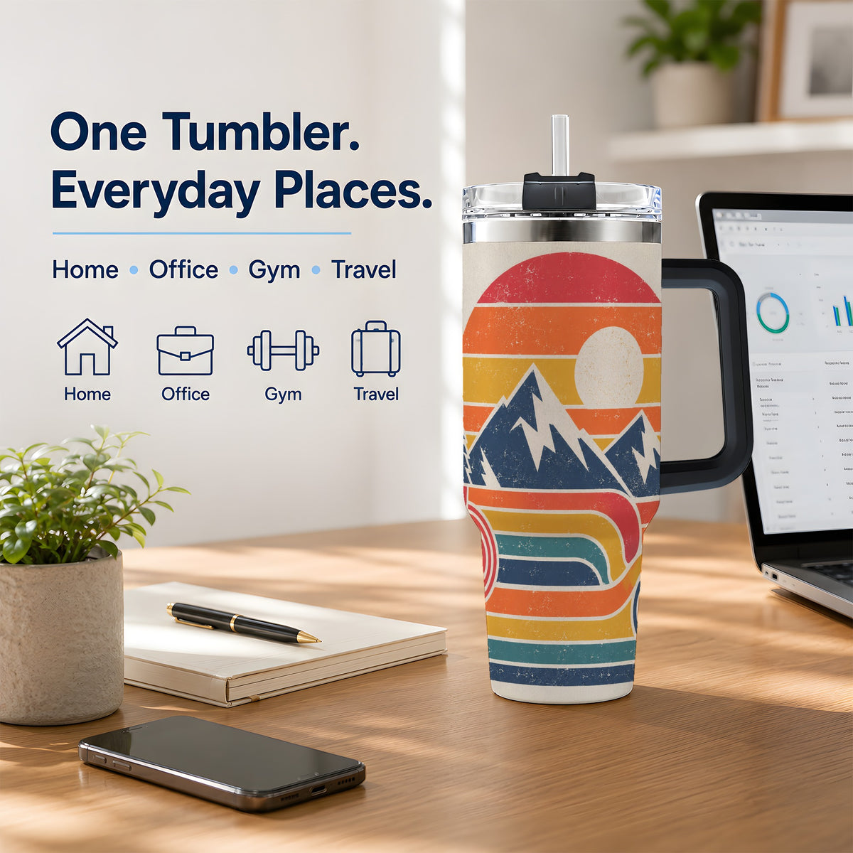#pl[40oz|Black] Retro Landscape 40oz Tumbler with Mountain Sunset and Pine Artwork