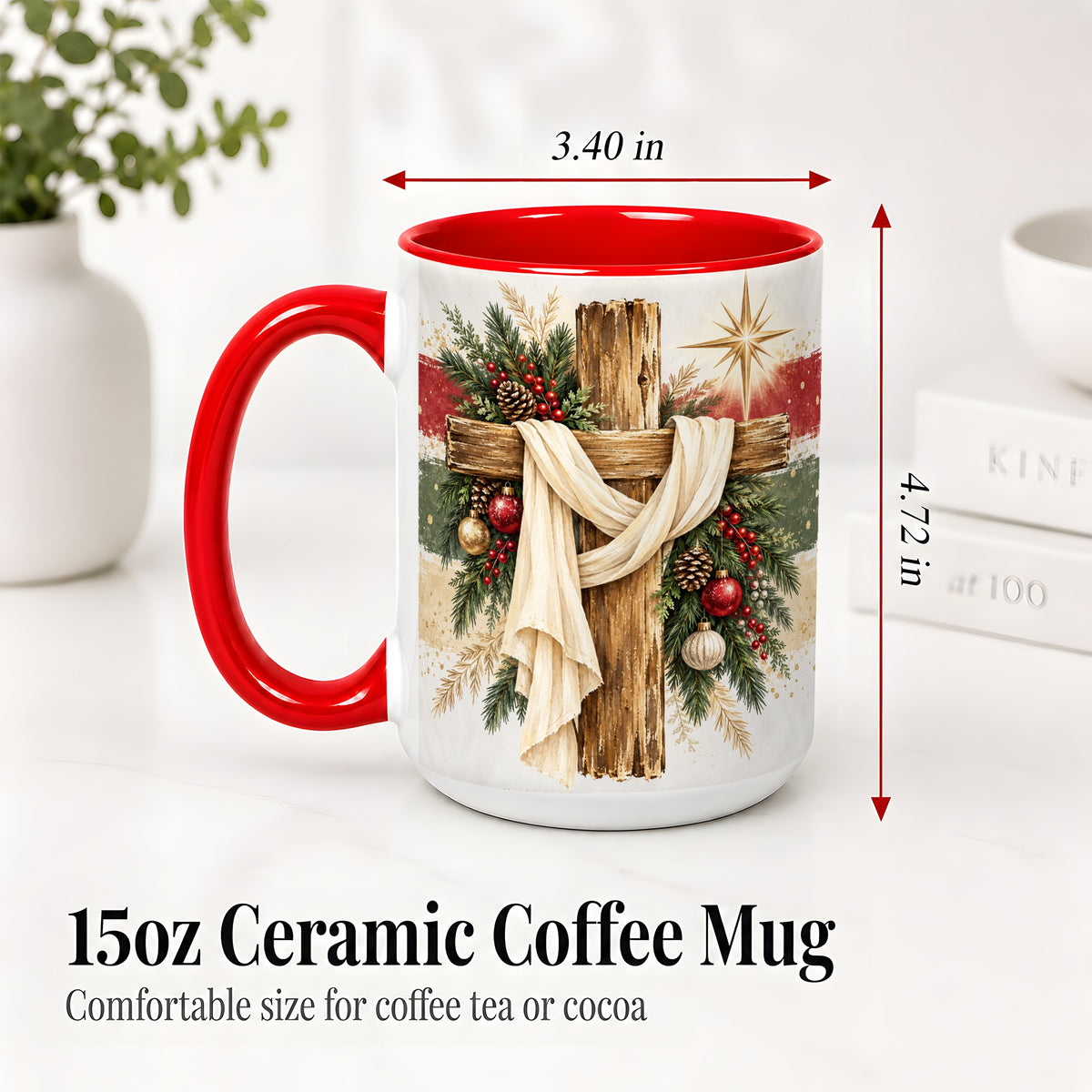 #pl[15oz|Red] Christmas Cross Ceramic Mug, Rustic Christian Holiday Artwork