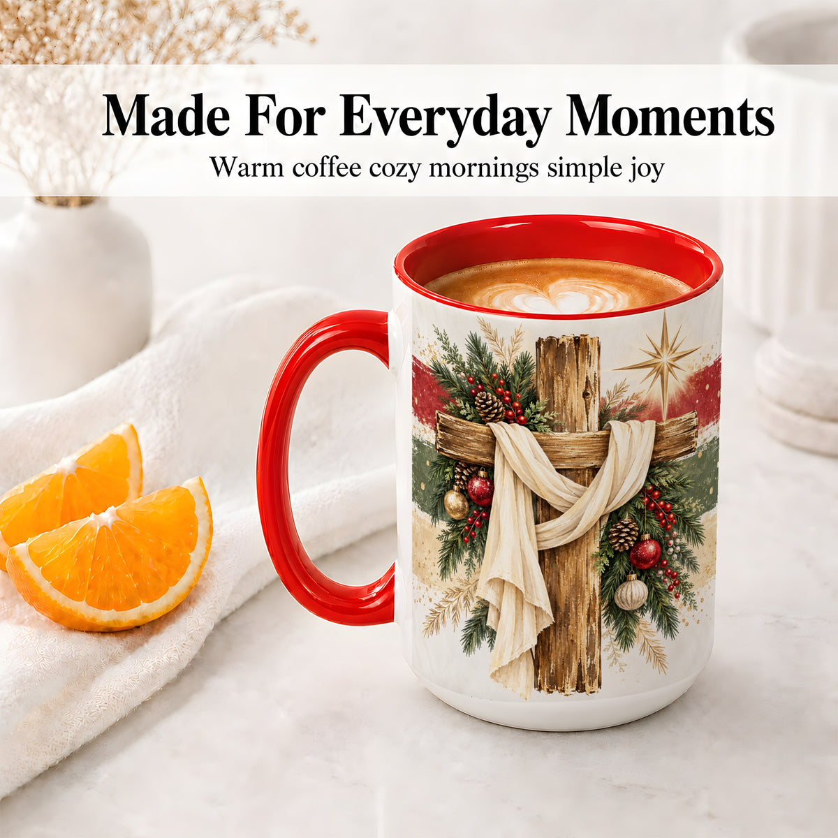 #pl[15oz|Red] Christmas Cross Ceramic Mug, Rustic Christian Holiday Artwork