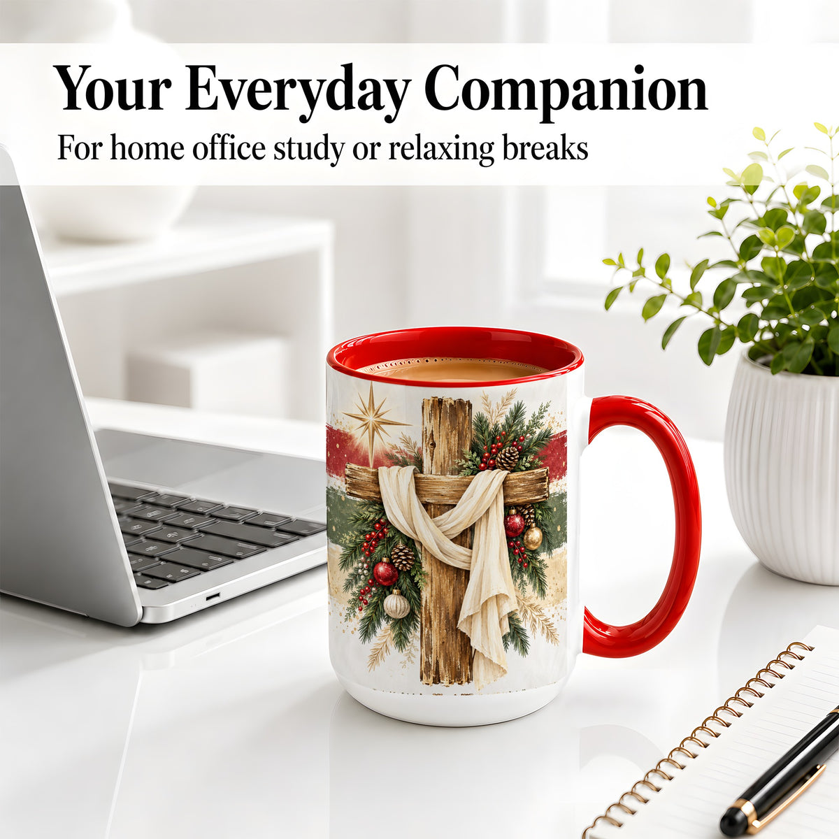 #pl[15oz|Red] Christmas Cross Ceramic Mug, Rustic Christian Holiday Artwork