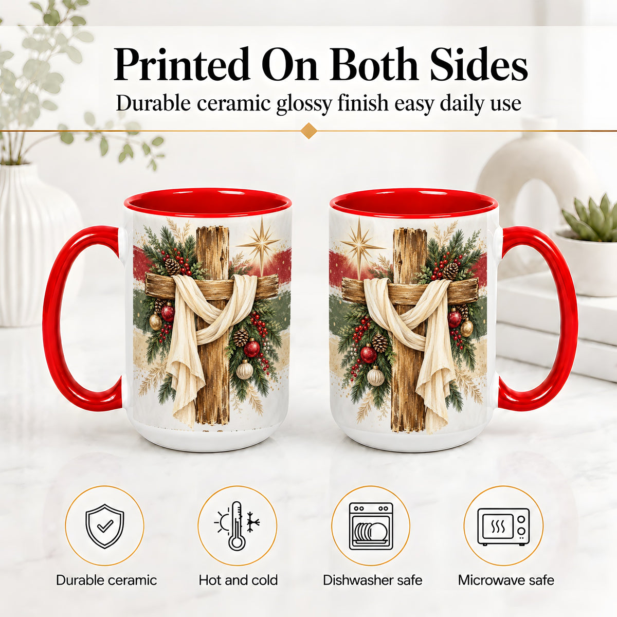 #pl[15oz|Red] Christmas Cross Ceramic Mug, Rustic Christian Holiday Artwork