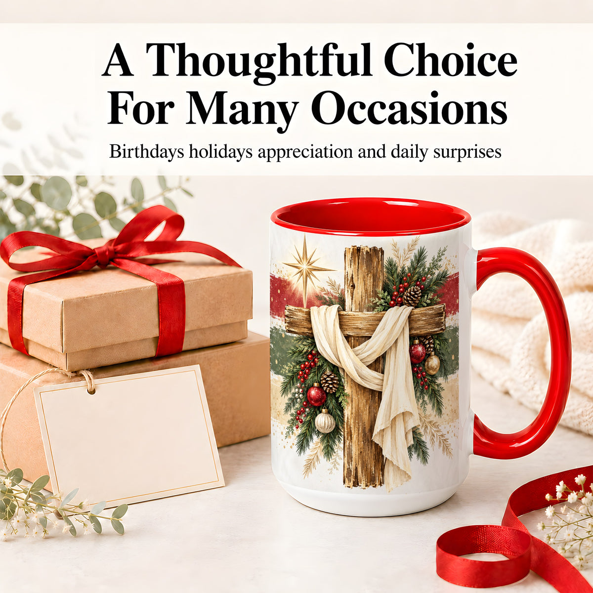 #pl[15oz|Red] Christmas Cross Ceramic Mug, Rustic Christian Holiday Artwork