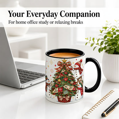 #pl[11oz|Black] Snowman Christmas Tree Ceramic Mug, Plaid Seasonal Holiday Artwork