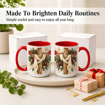 #pl[15oz|Red] Christmas Cross Ceramic Mug, Rustic Christian Holiday Artwork