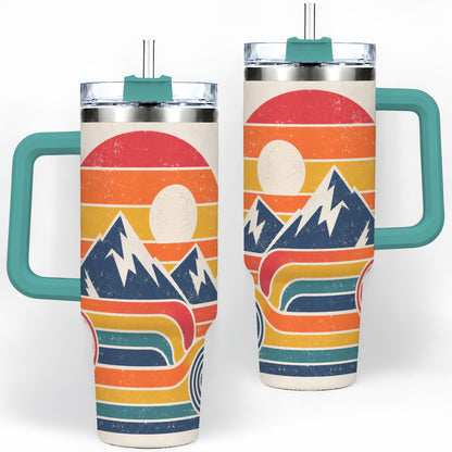 #pl[40oz|Green] Retro Landscape 40oz Tumbler with Mountain Sunset and Pine Artwork