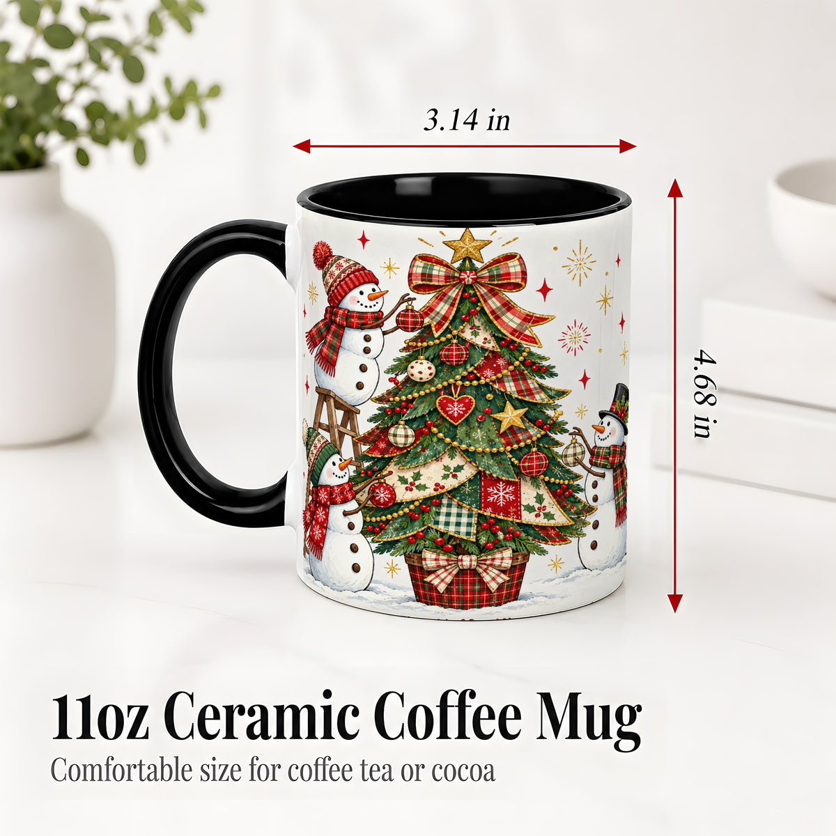 #pl[11oz|Black] Snowman Christmas Tree Ceramic Mug, Plaid Seasonal Holiday Artwork