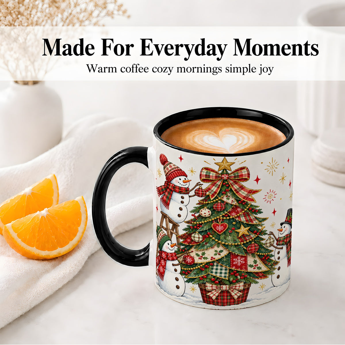 #pl[11oz|Black] Snowman Christmas Tree Ceramic Mug, Plaid Seasonal Holiday Artwork