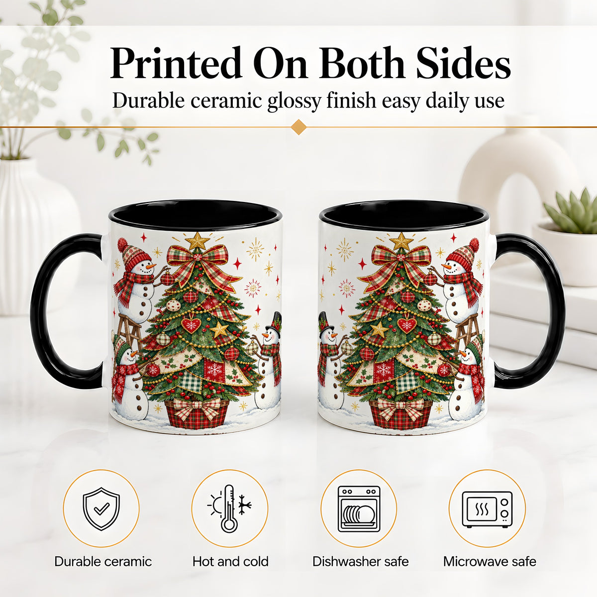 #pl[11oz|Black] Snowman Christmas Tree Ceramic Mug, Plaid Seasonal Holiday Artwork