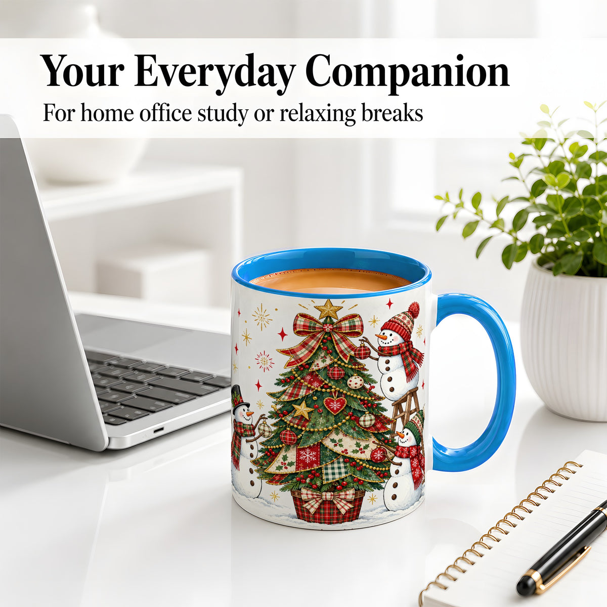 #pl[11oz|Blue] Snowman Christmas Tree Ceramic Mug, Plaid Seasonal Holiday Artwork