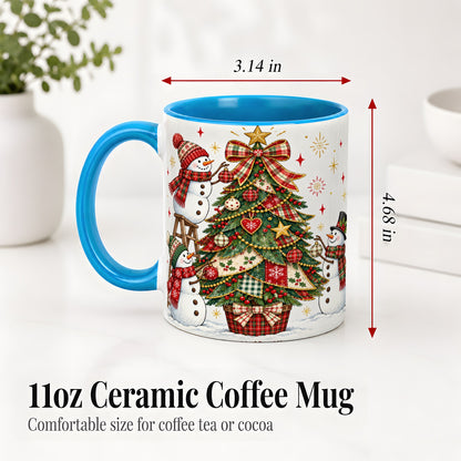 #pl[11oz|Blue] Snowman Christmas Tree Ceramic Mug, Plaid Seasonal Holiday Artwork