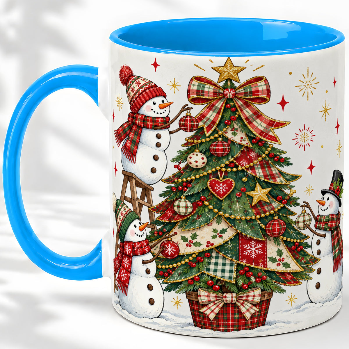 #pl[11oz|Blue] Snowman Christmas Tree Ceramic Mug, Plaid Seasonal Holiday Artwork