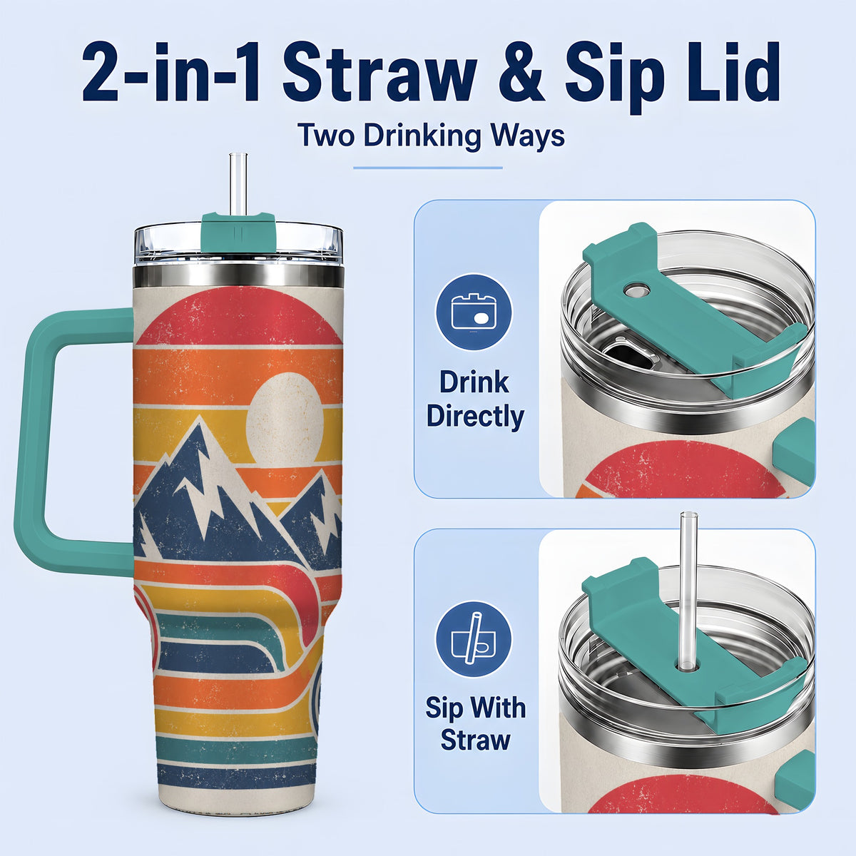 #pl[40oz|Green] Retro Landscape 40oz Tumbler with Mountain Sunset and Pine Artwork