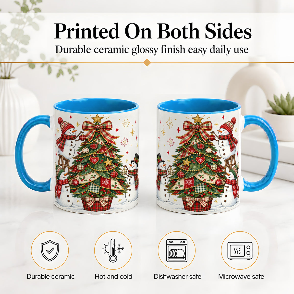 #pl[11oz|Blue] Snowman Christmas Tree Ceramic Mug, Plaid Seasonal Holiday Artwork