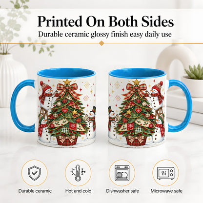 #pl[11oz|Blue] Snowman Christmas Tree Ceramic Mug, Plaid Seasonal Holiday Artwork