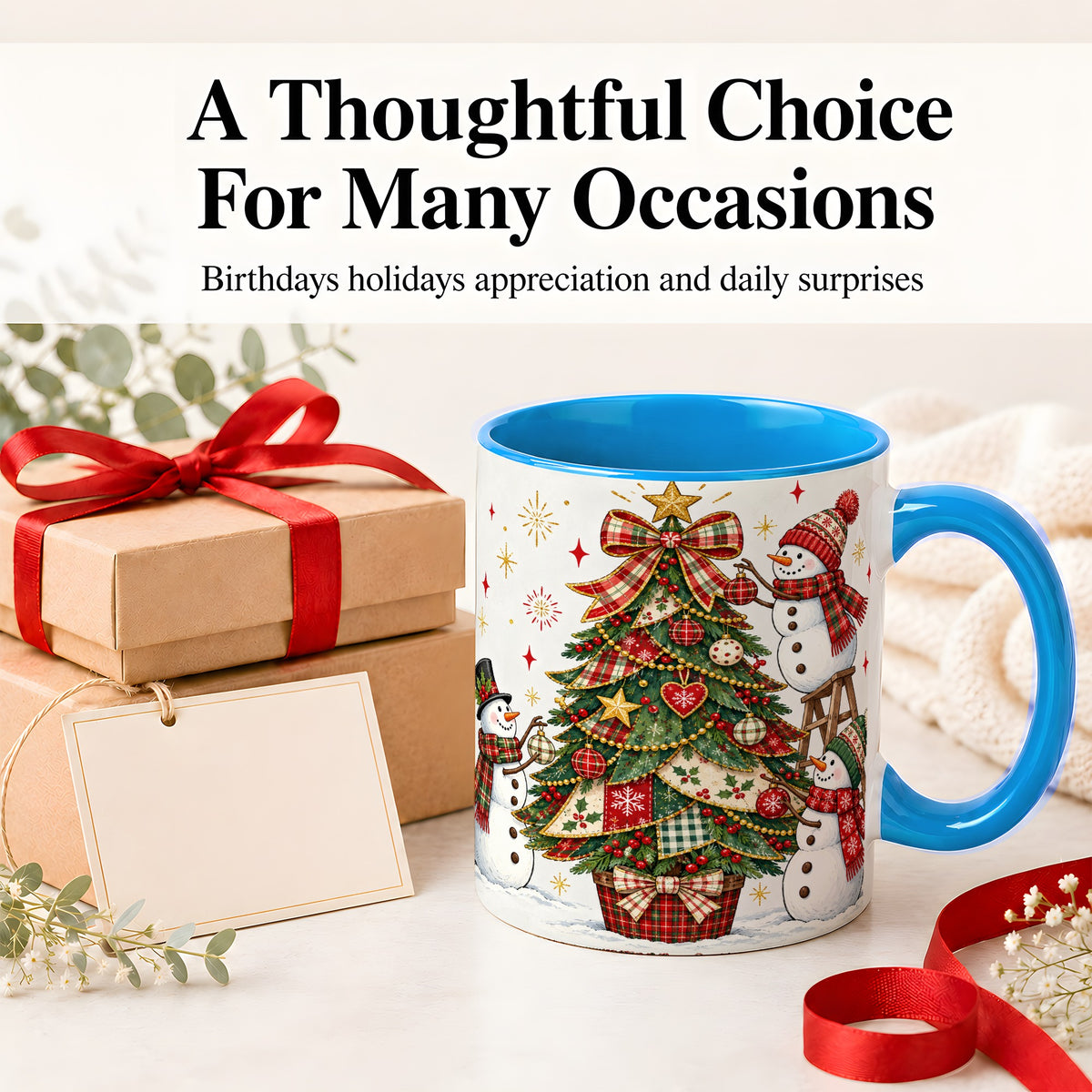 #pl[11oz|Blue] Snowman Christmas Tree Ceramic Mug, Plaid Seasonal Holiday Artwork