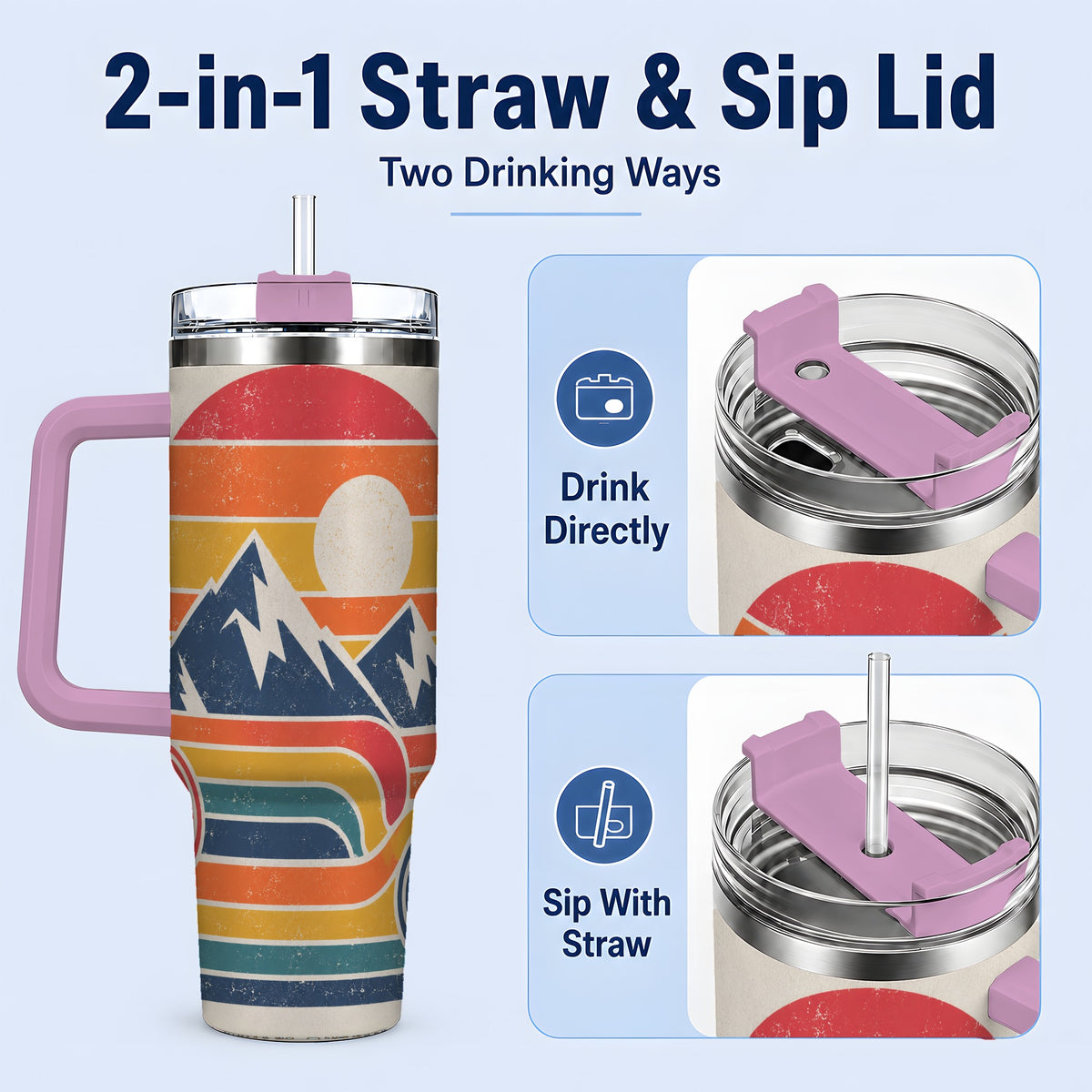 #pl[40oz|Pink] Retro Landscape 40oz Tumbler with Mountain Sunset and Pine Artwork