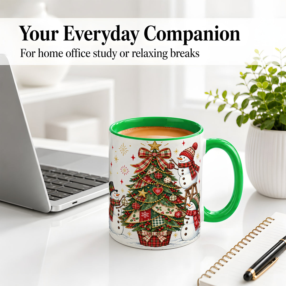 #pl[11oz|Green] Snowman Christmas Tree Ceramic Mug, Plaid Seasonal Holiday Artwork