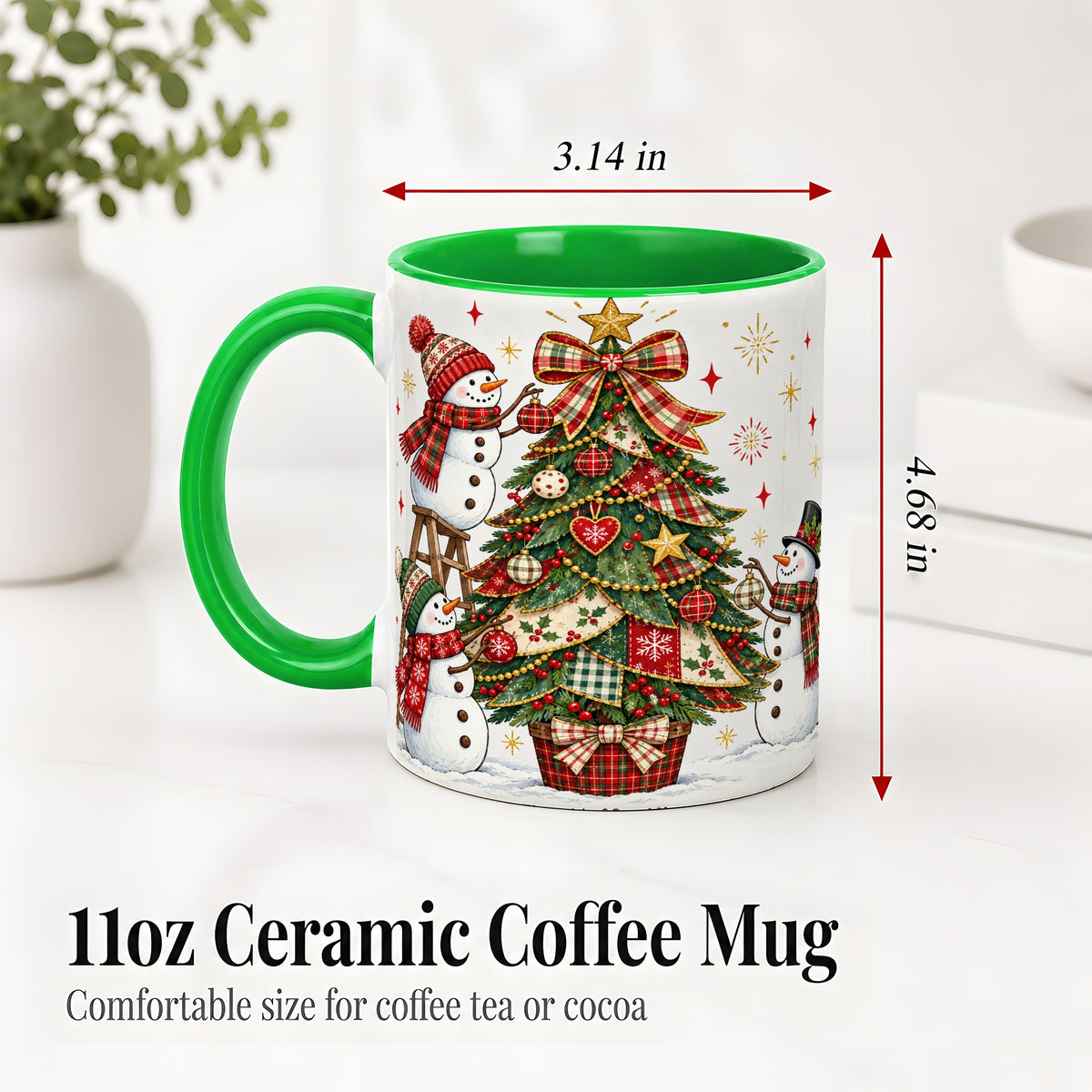 #pl[11oz|Green] Snowman Christmas Tree Ceramic Mug, Plaid Seasonal Holiday Artwork