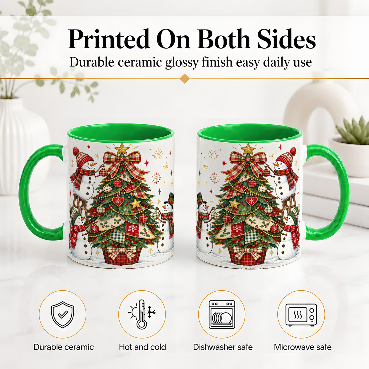 #pl[11oz|Green] Snowman Christmas Tree Ceramic Mug, Plaid Seasonal Holiday Artwork