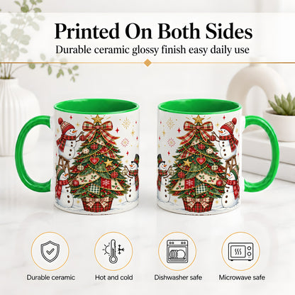 #pl[11oz|Green] Snowman Christmas Tree Ceramic Mug, Plaid Seasonal Holiday Artwork