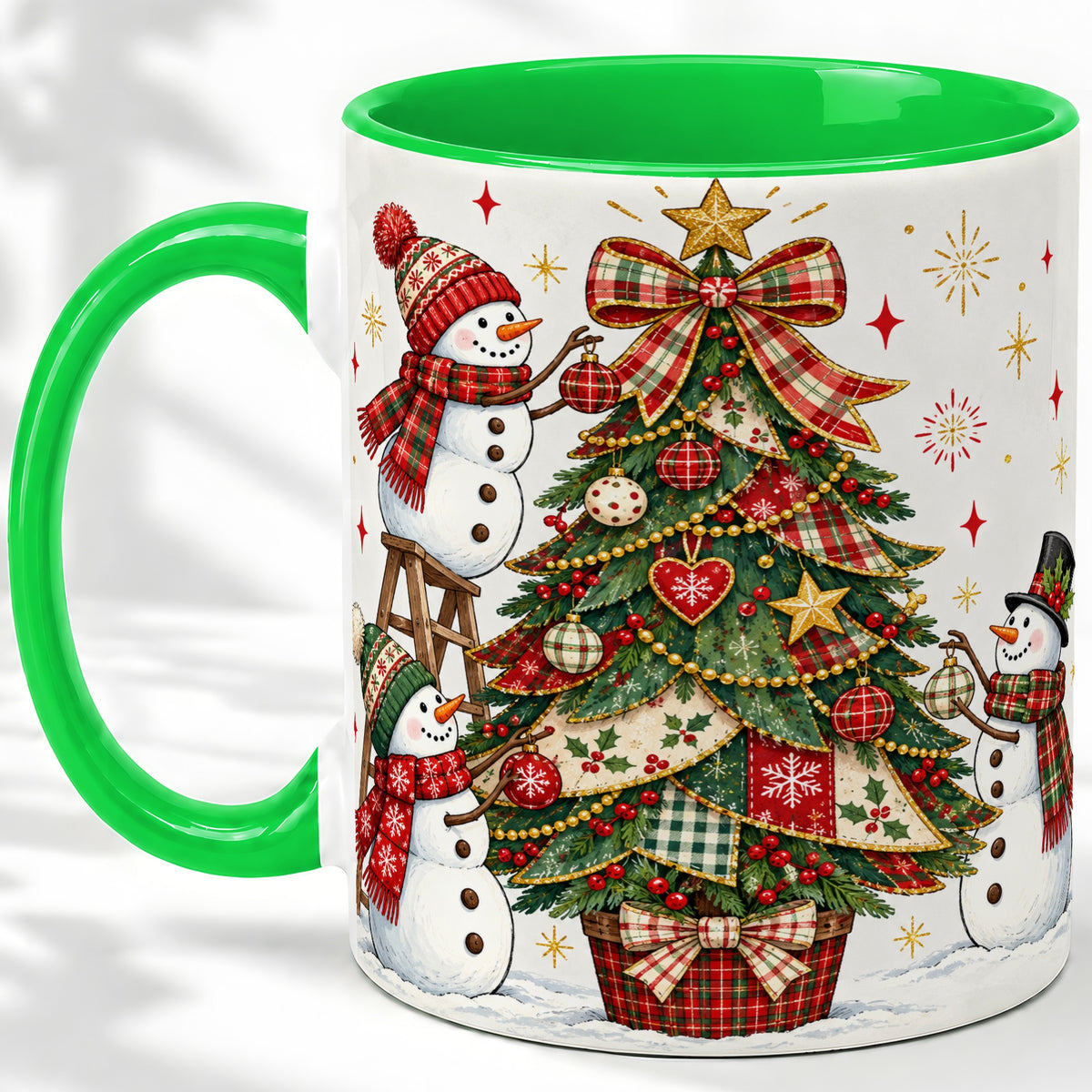 #pl[11oz|Green] Snowman Christmas Tree Ceramic Mug, Plaid Seasonal Holiday Artwork