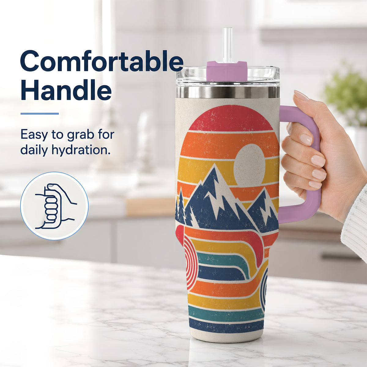 #pl[40oz|Pink] Retro Landscape 40oz Tumbler with Mountain Sunset and Pine Artwork