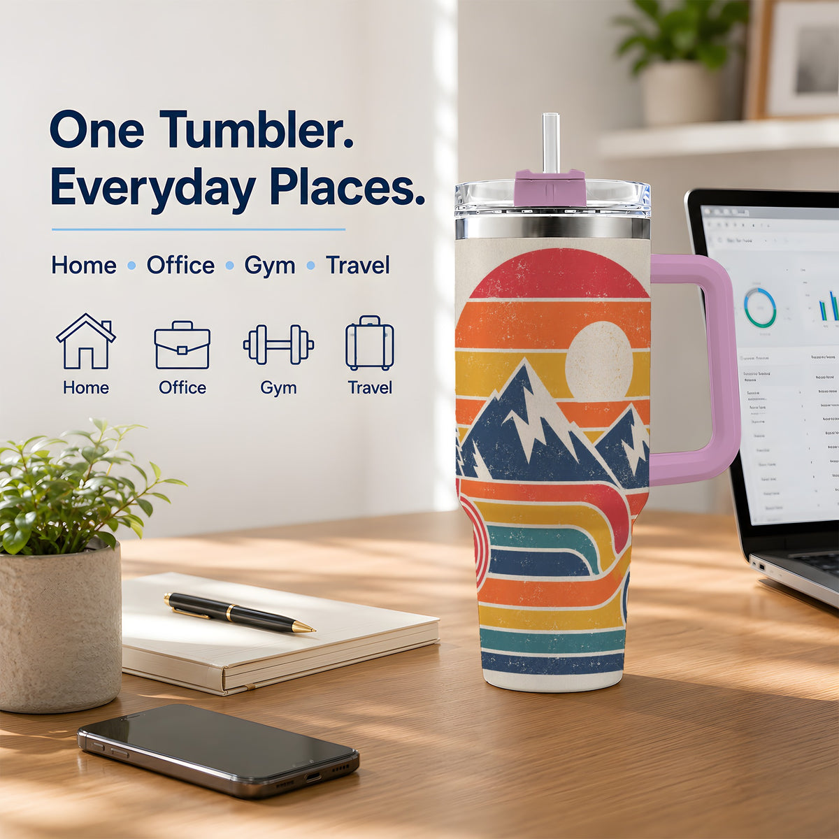 #pl[40oz|Pink] Retro Landscape 40oz Tumbler with Mountain Sunset and Pine Artwork