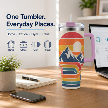 #pl[40oz|Pink] Retro Landscape 40oz Tumbler with Mountain Sunset and Pine Artwork