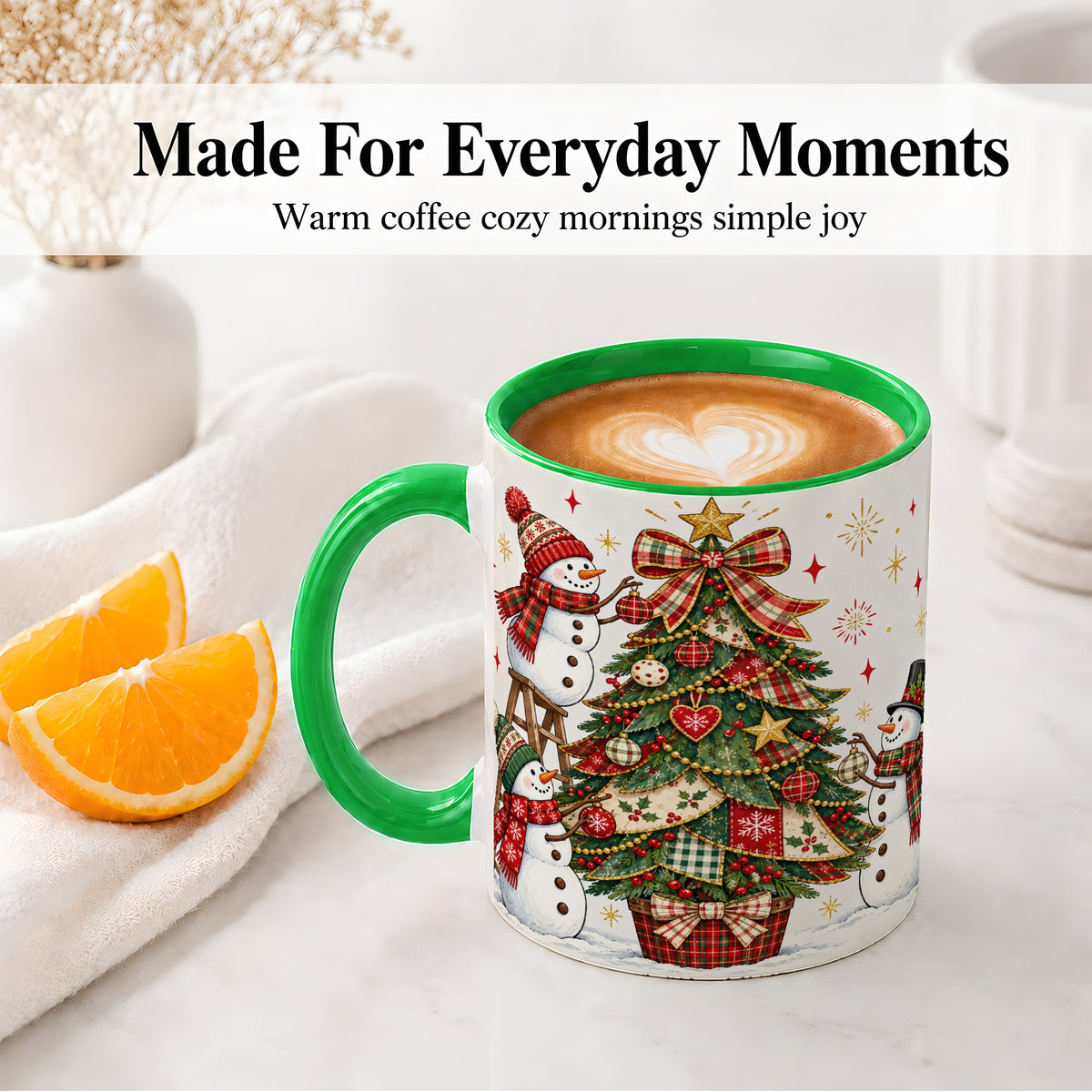 #pl[11oz|Green] Snowman Christmas Tree Ceramic Mug, Plaid Seasonal Holiday Artwork