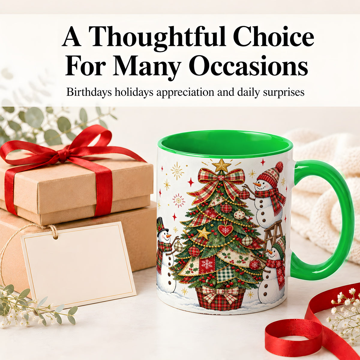 #pl[11oz|Green] Snowman Christmas Tree Ceramic Mug, Plaid Seasonal Holiday Artwork