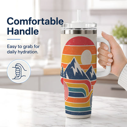 #pl[40oz|White] Retro Landscape 40oz Tumbler with Mountain Sunset and Pine Artwork