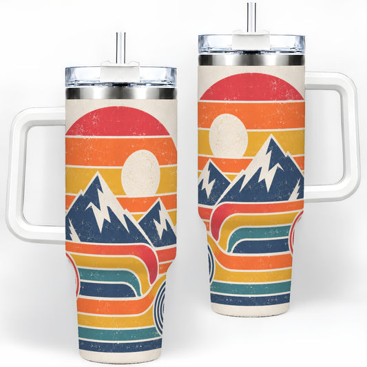 Retro Landscape 40oz Tumbler with Mountain Sunset and Pine Artwork