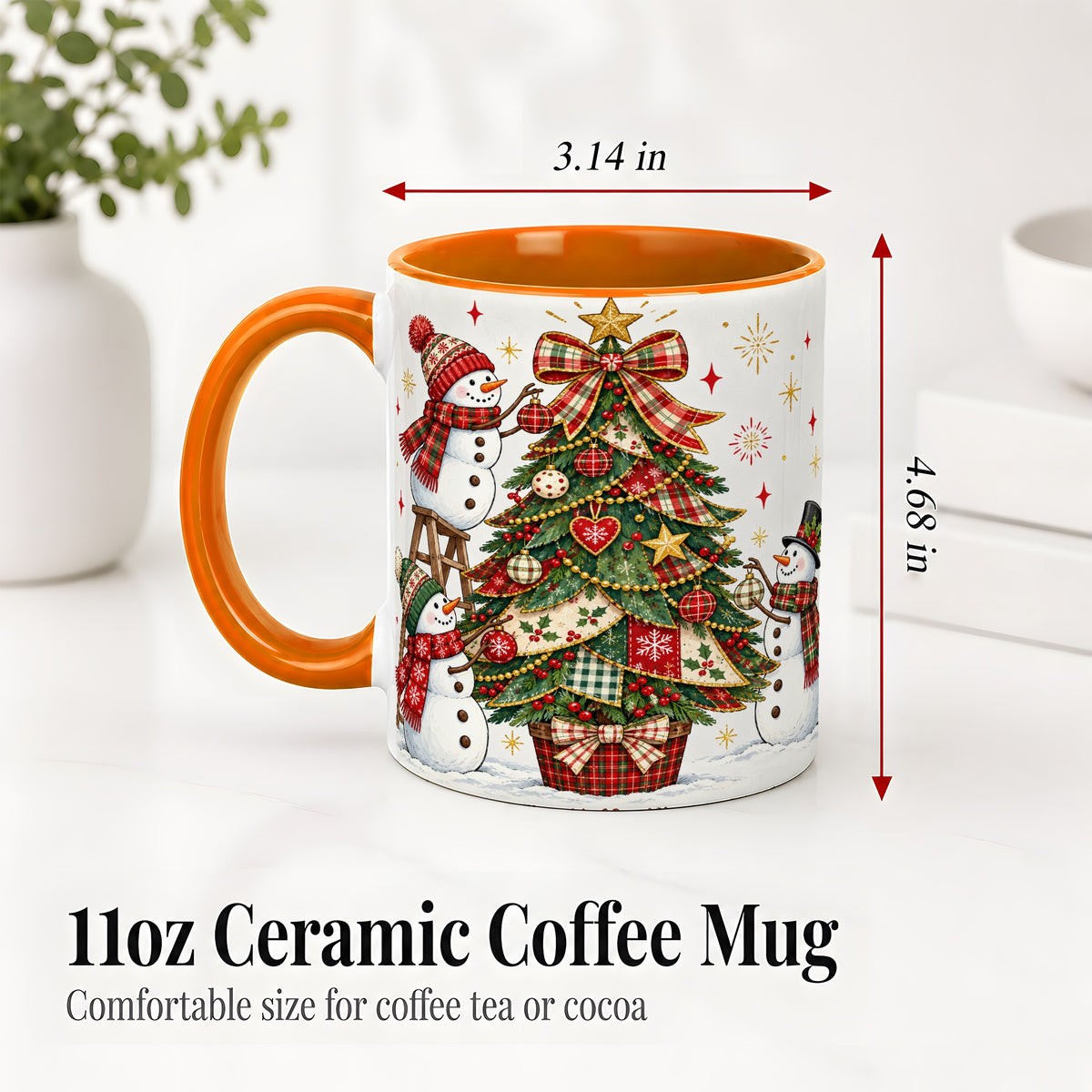 #pl[11oz|Orange] Snowman Christmas Tree Ceramic Mug, Plaid Seasonal Holiday Artwork