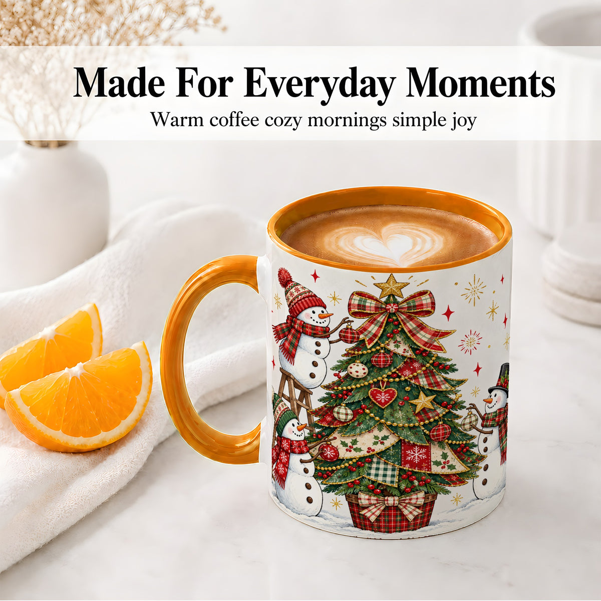 #pl[11oz|Orange] Snowman Christmas Tree Ceramic Mug, Plaid Seasonal Holiday Artwork