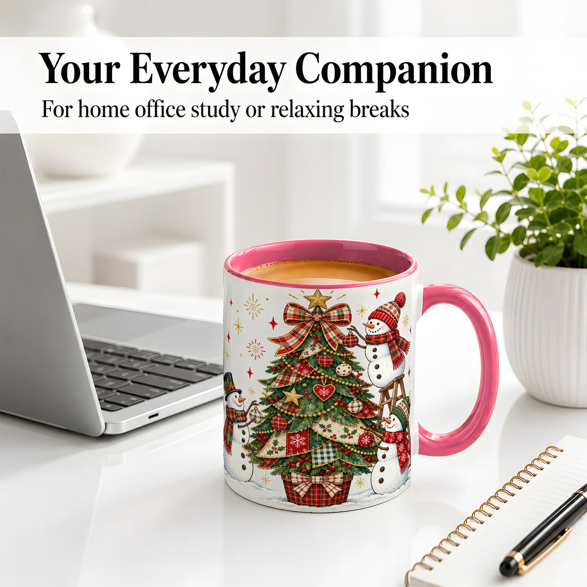 #pl[11oz|Pink] Snowman Christmas Tree Ceramic Mug, Plaid Seasonal Holiday Artwork