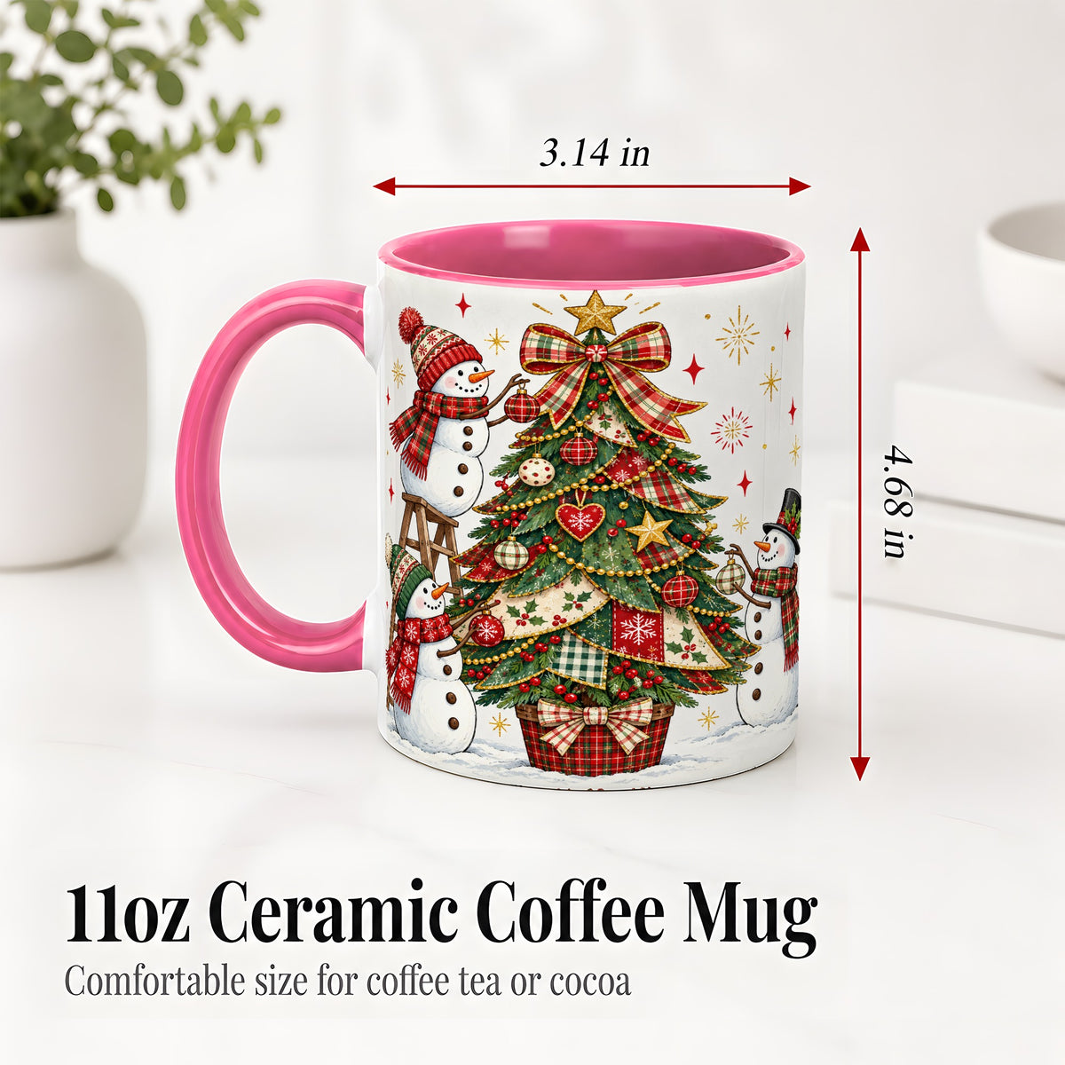 #pl[11oz|Pink] Snowman Christmas Tree Ceramic Mug, Plaid Seasonal Holiday Artwork