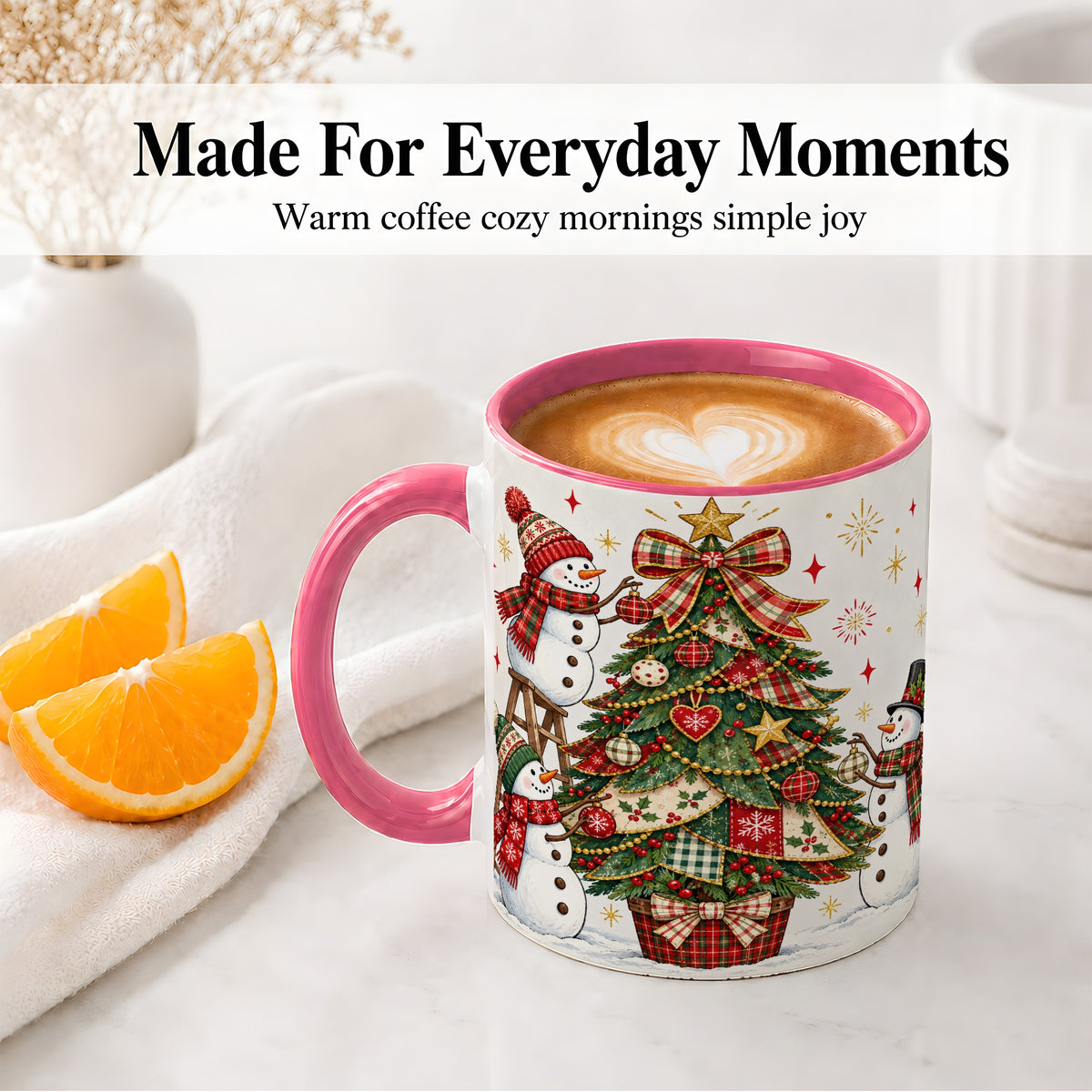 #pl[11oz|Pink] Snowman Christmas Tree Ceramic Mug, Plaid Seasonal Holiday Artwork