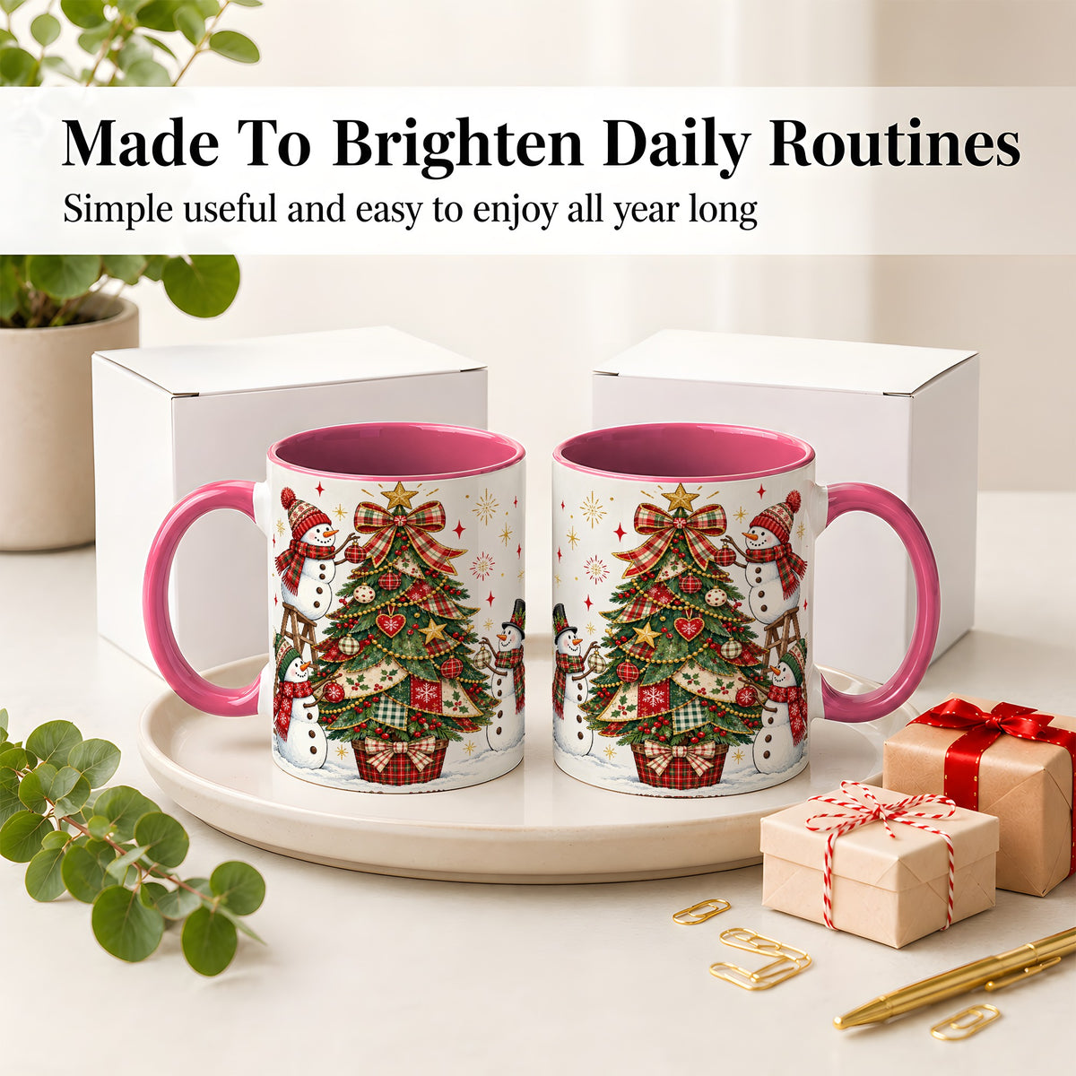 #pl[11oz|Pink] Snowman Christmas Tree Ceramic Mug, Plaid Seasonal Holiday Artwork