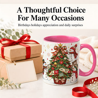#pl[11oz|Pink] Snowman Christmas Tree Ceramic Mug, Plaid Seasonal Holiday Artwork