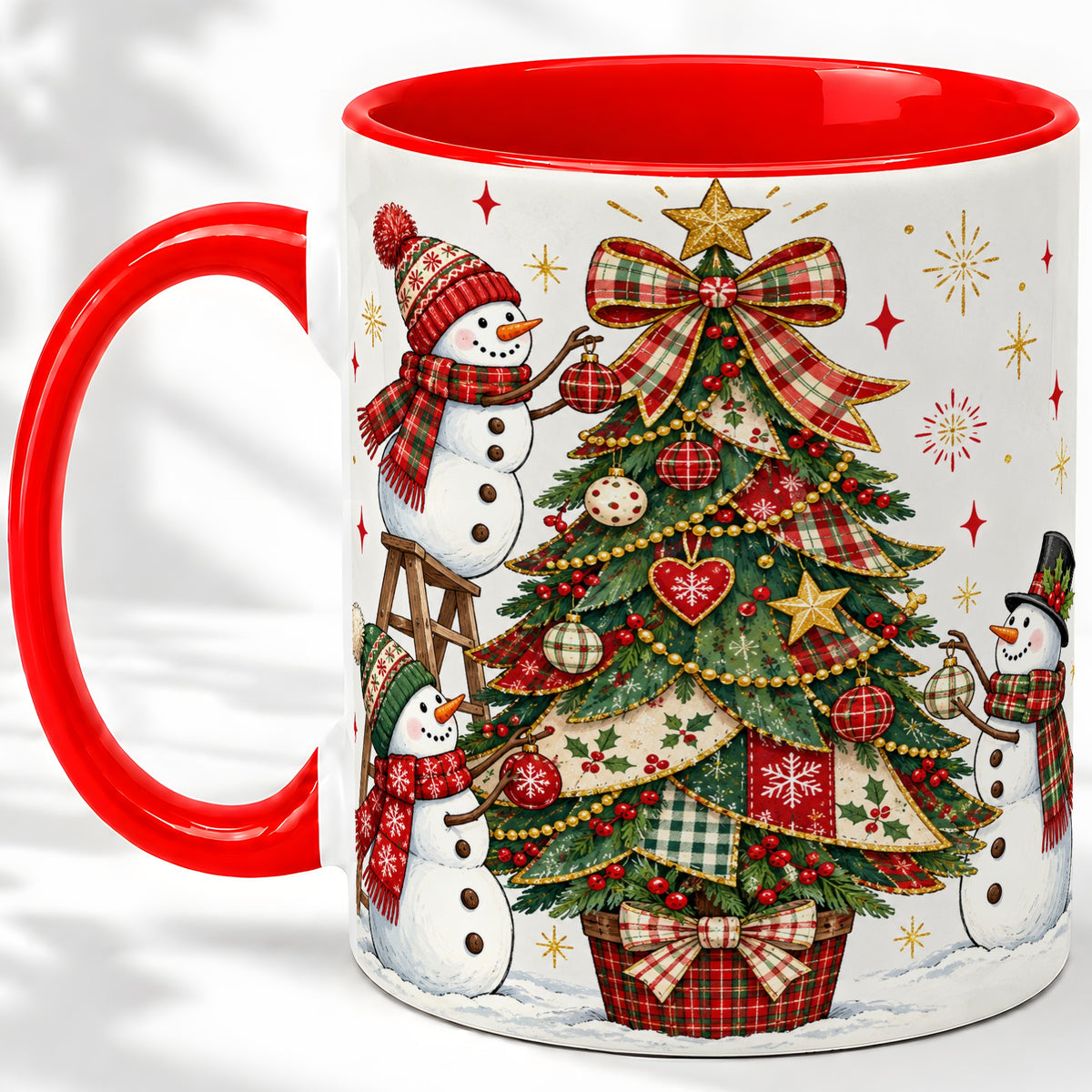 Snowman Christmas Tree Ceramic Mug, Plaid Seasonal Holiday Artwork