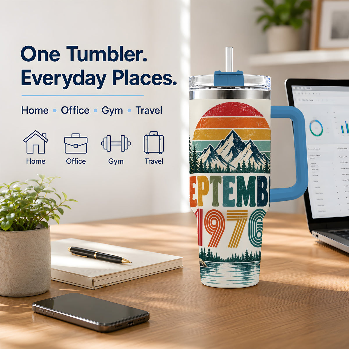 #pl[40oz|Blue] September 1976 Mountain 40oz Tumbler, Vintage Outdoor Scenic Artwork