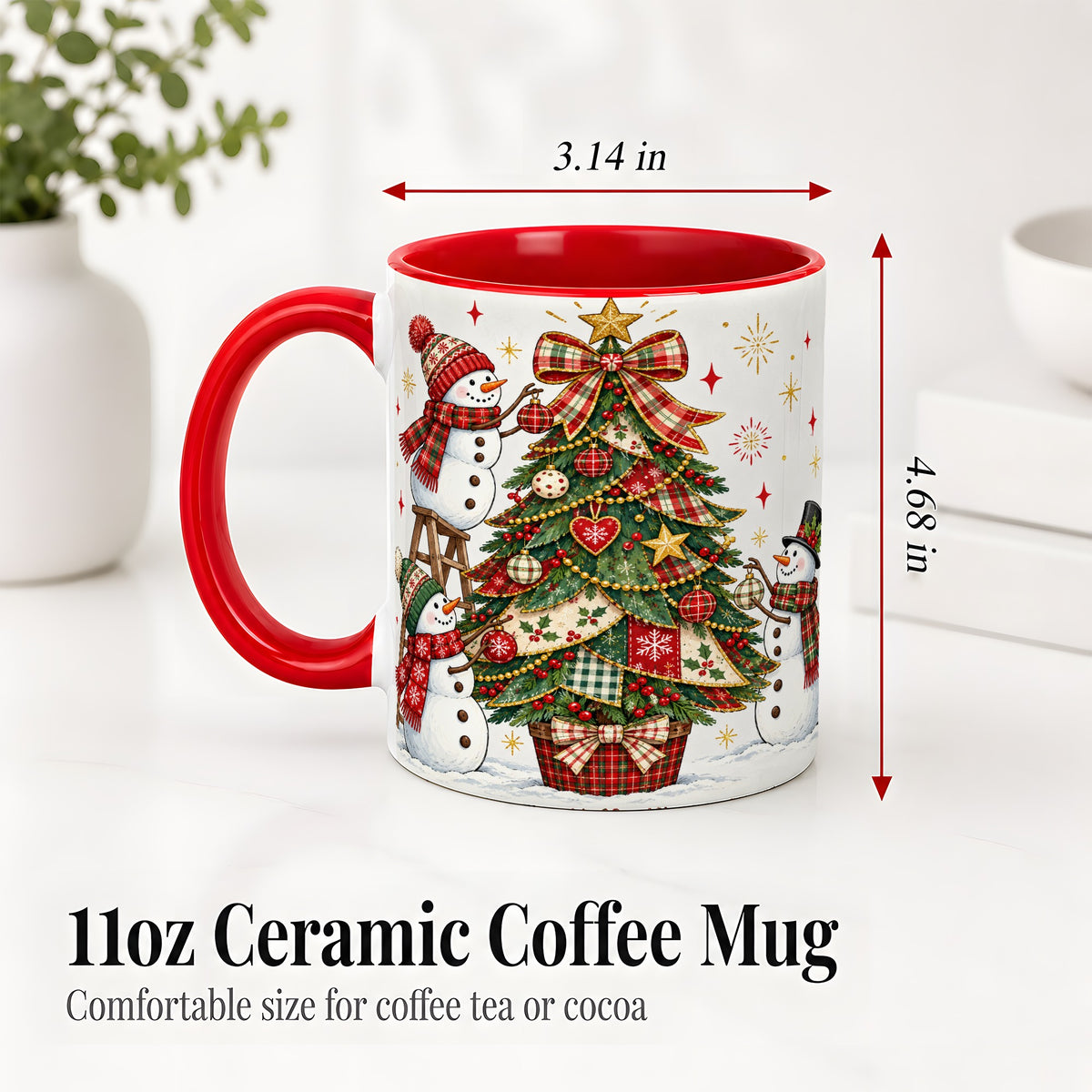 #pl[11oz|Red] Snowman Christmas Tree Ceramic Mug, Plaid Seasonal Holiday Artwork