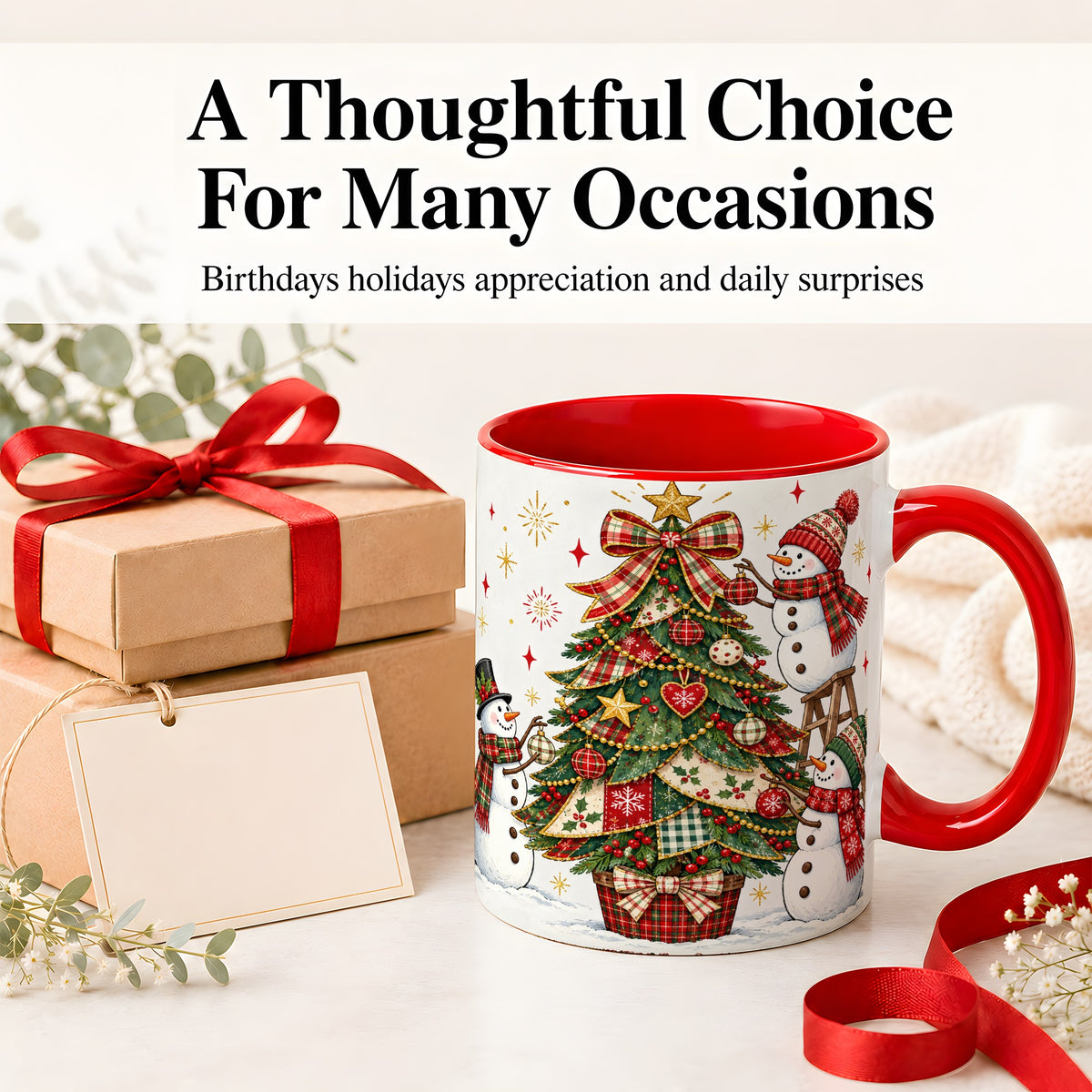 #pl[11oz|Red] Snowman Christmas Tree Ceramic Mug, Plaid Seasonal Holiday Artwork